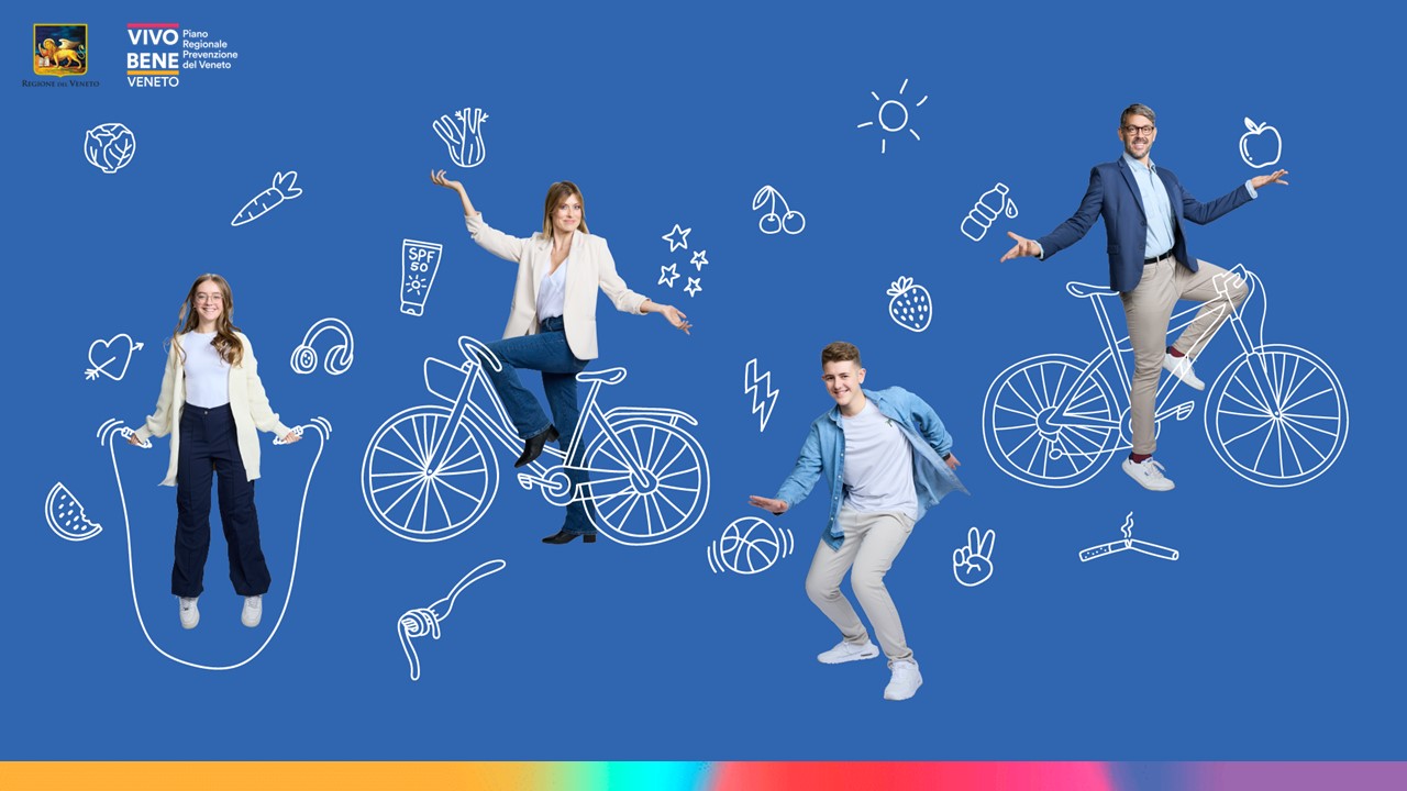 Immagine di quattro persone di età differenti con elementi grafici che richiamano abitudini di vita sane, con logo di Vivo Bene Veneto