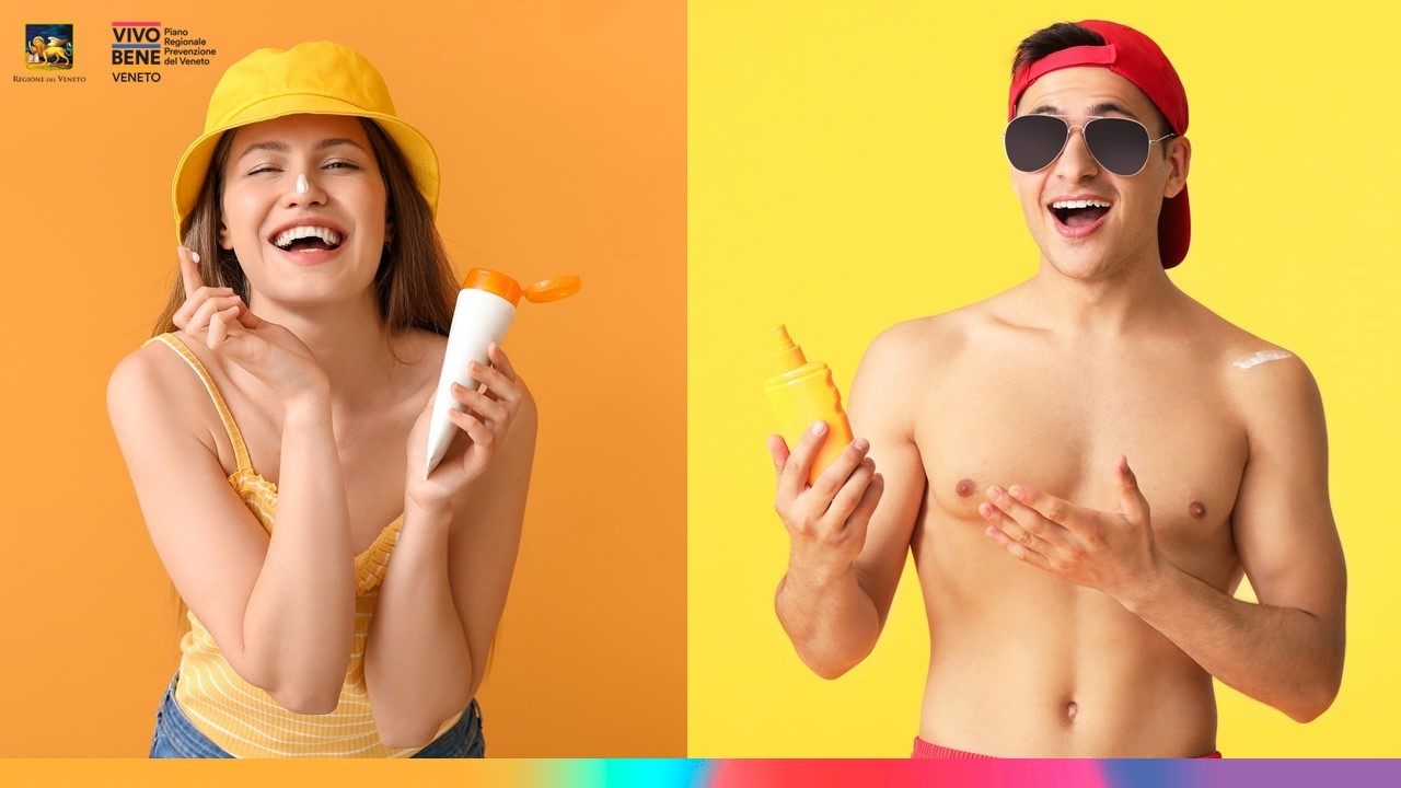 Immagine di una ragazza e un ragazzo sorridenti, su sfondo colorato, che usano la crema solare, con logo di Vivo Bene Veneto