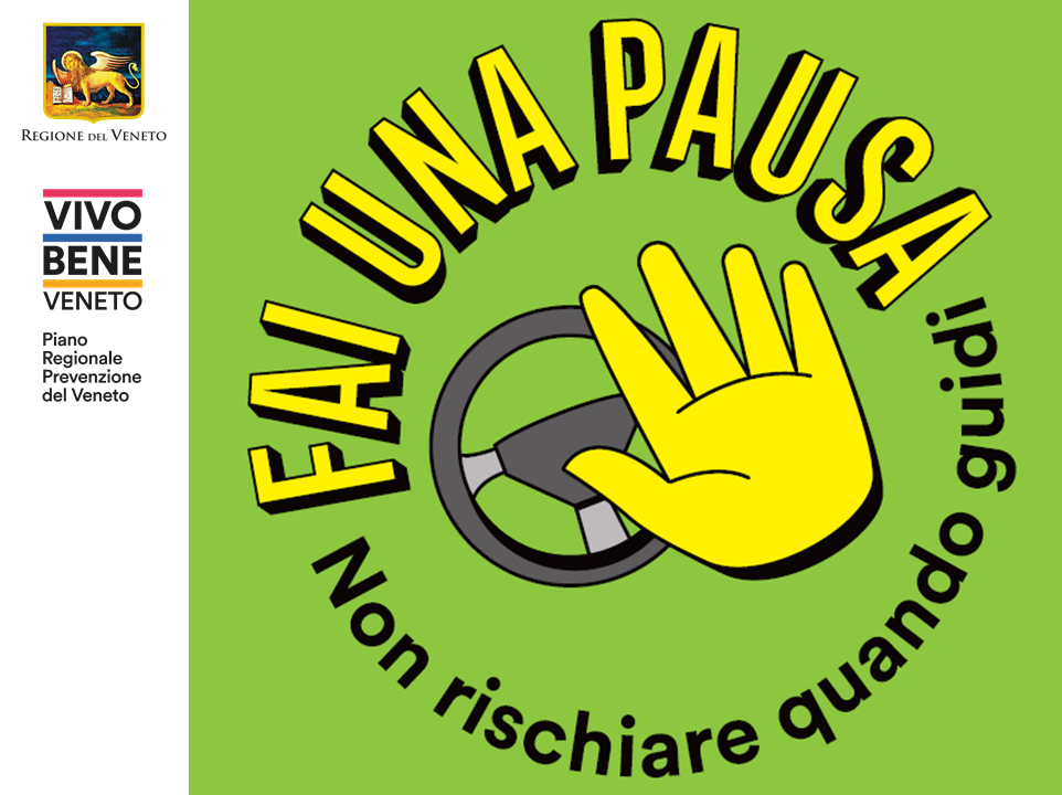 Grafica di una mano aperta davanti al volante di un'auto che invita a fermarsi