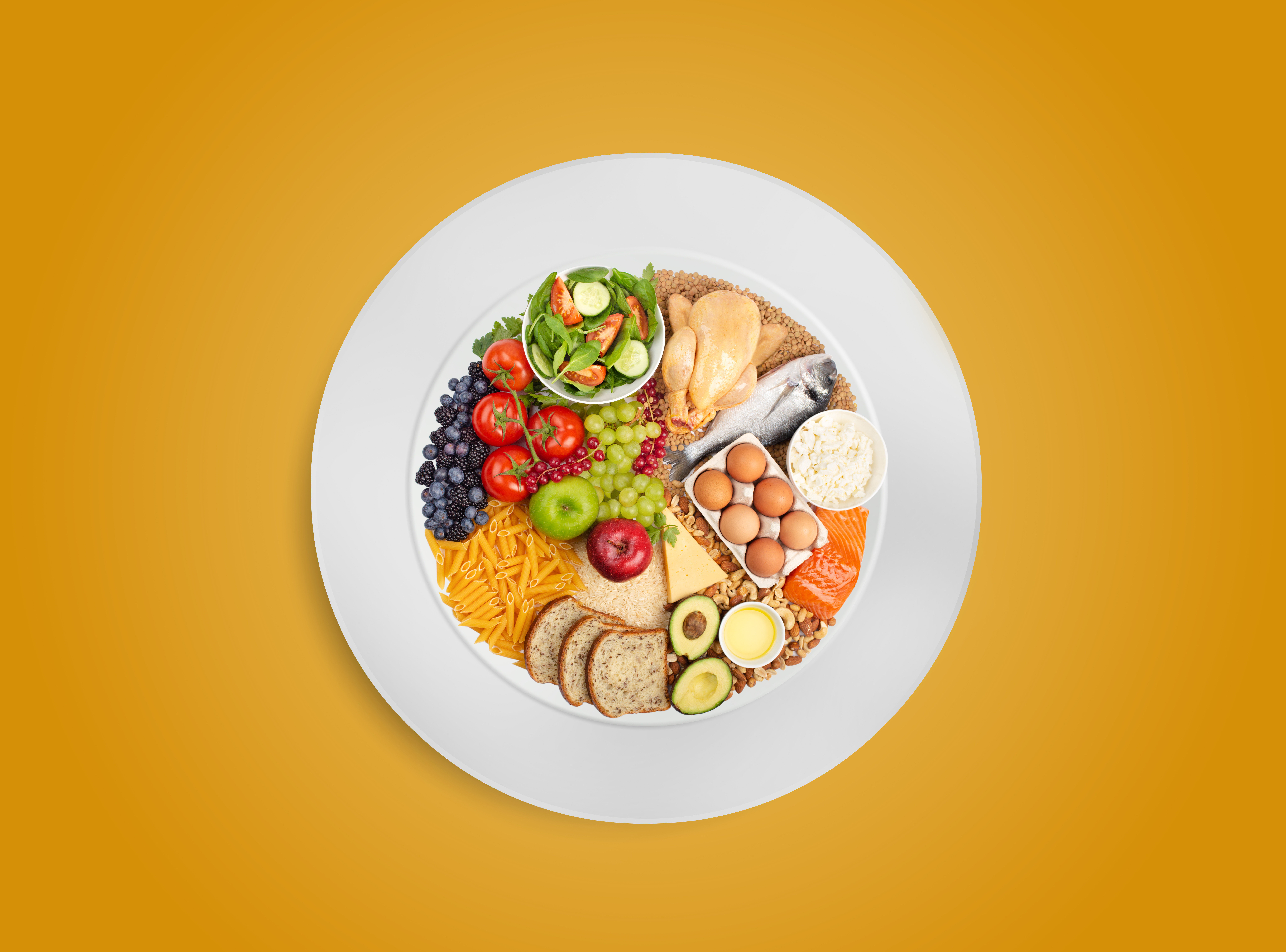 Immagine di un piatto con cibi proporzionati per una dieta equilibrata